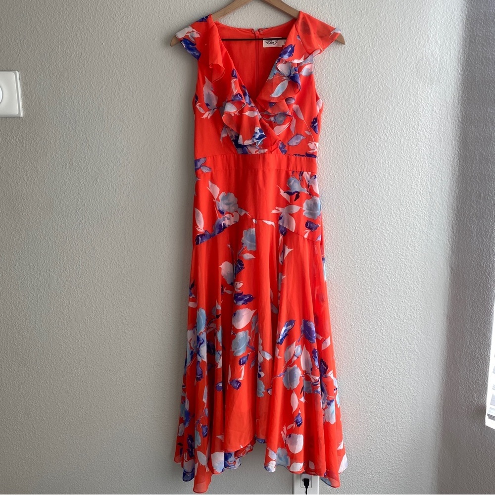 Eliza J floral Ruffle Midi Dress v neck Orange Red - Picture 2 of 8